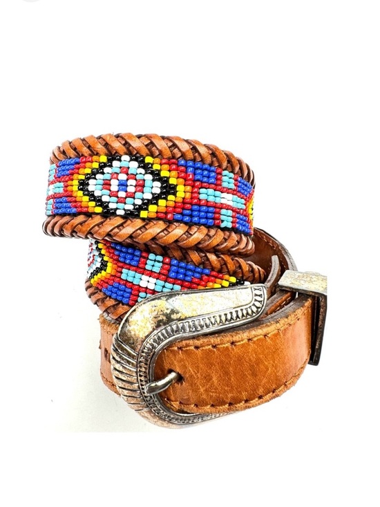 Vintage Hand-Beaded Leather Belt | Boho Western | Braided Leather Patina Buckle